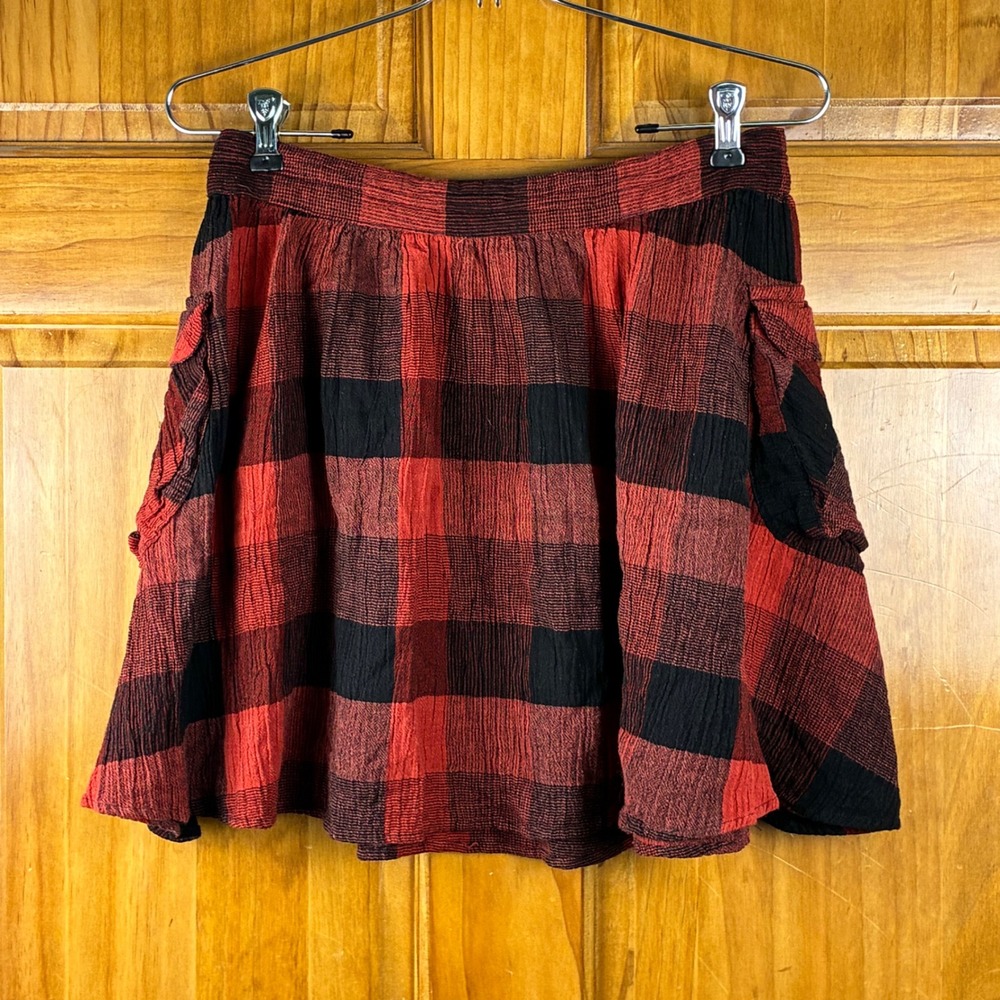 Angie Red Black Buffalo Plaid Cargo Mini Skirt Smocked Waist Large Grunge Punk